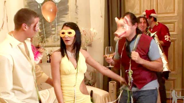 Brunette Lucy Belle is giving a blowjob on a party