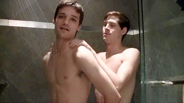 Gay brunette is fucking his friend in the shower