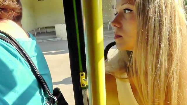 Cute blonde being upskirted in the bus