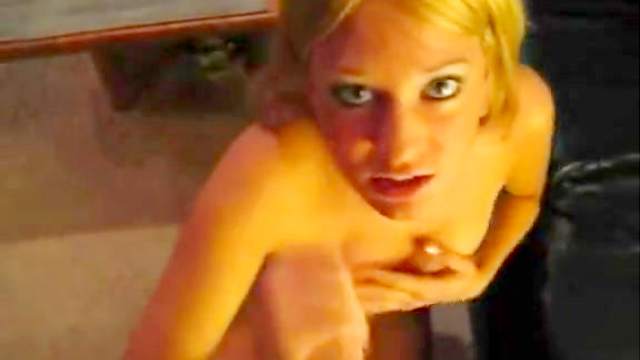 Sweet blonde is giving a deep blowjob