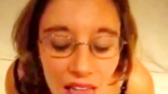 Brunette girlfriend gets her glasses covered with cum