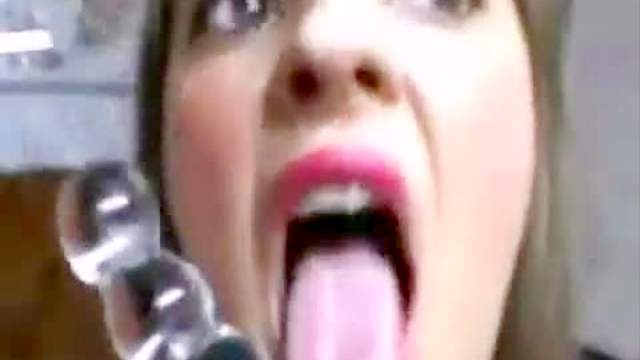 Pink lipstick girl anal dildo play