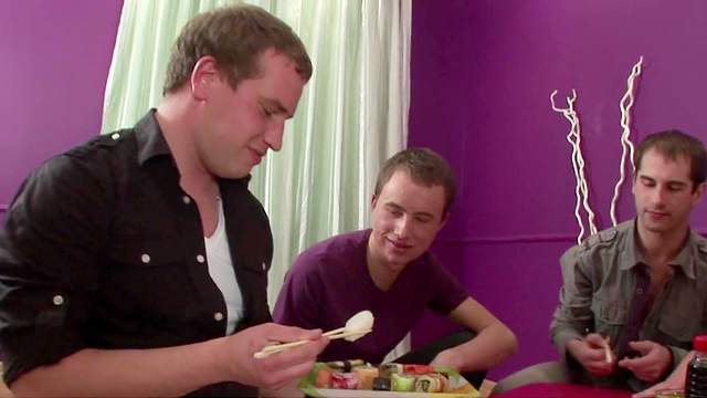 Gay group sex with hot blowjob and anal banging on the table