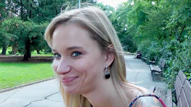 Amateur blonde Angel Piaff is sucking in the park
