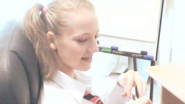 Schoolgirl Britney masturbates with her pink dildo