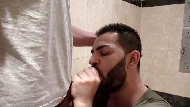 Horny gay lovers having a quickie sex in the bathroom in secret