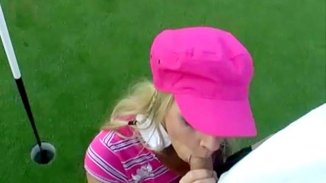 Blonde gets laid on the golf course until she swallows