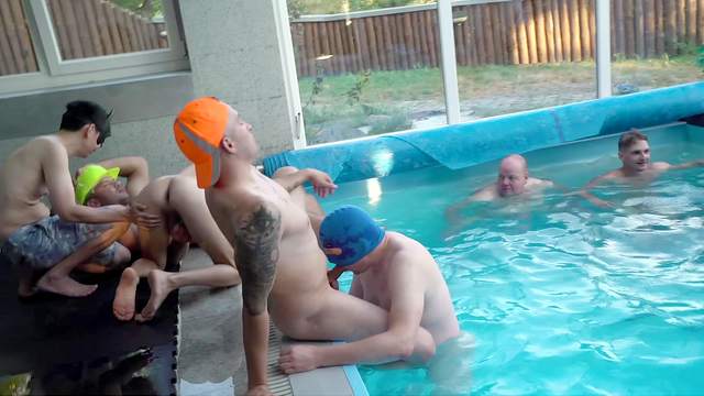 Aroused gay men share the pool for their sexual games