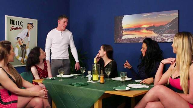 Slew of clothed ladies turn the tables on their male dinner host