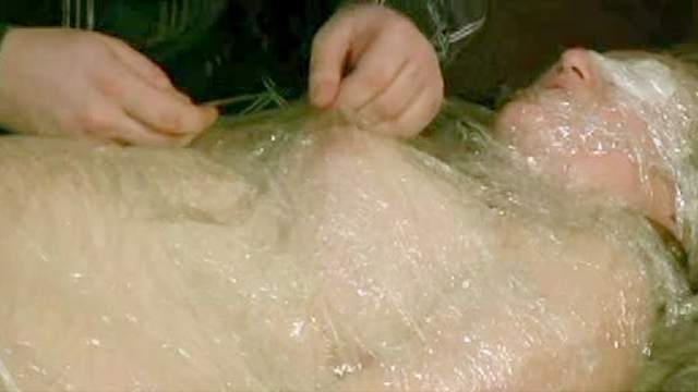 Tied in plastic wrap and nipple play