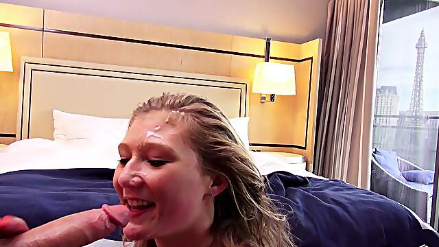Morning hard sex with facial in a hotel room