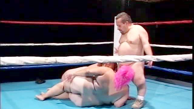 Fat girls wrestle and fuck with the ref