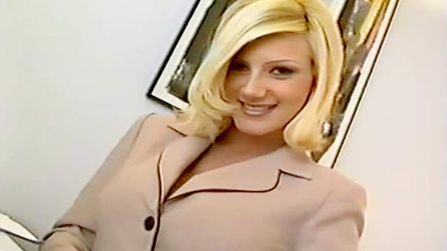 Blonde in the office wears pantyhose