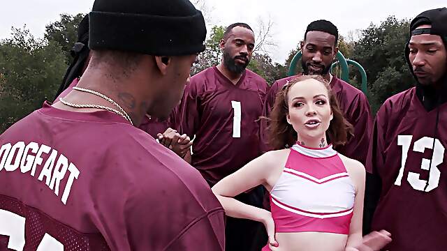 Cheerleader gets sprayed on face by multiple dicks after trying gangbang perversions