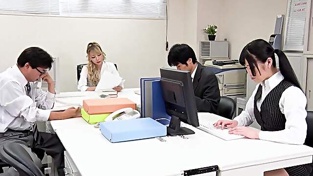 Horny Japanese office babes decide to share cock and relax a little