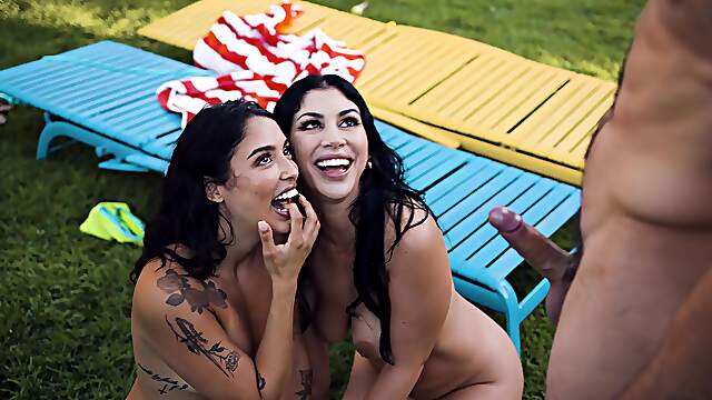 Latina beauties share the dick by the pool in exclusive FFM romance