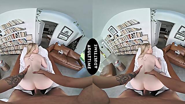 A blonde beauty, Haley Spades, rides passionately with her partner in pov.