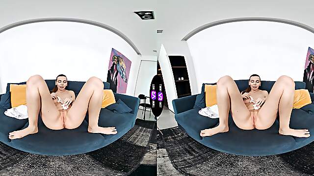 A hot brunette, Arina Shy, enjoys herself in a virtual reality show.