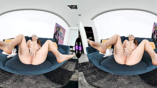 A hot brunette, Arina Shy, enjoys herself in a virtual reality show.