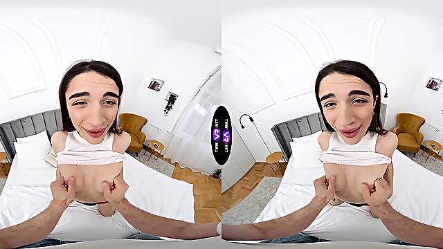 Hot brunette with long hair has sex directly in the camera