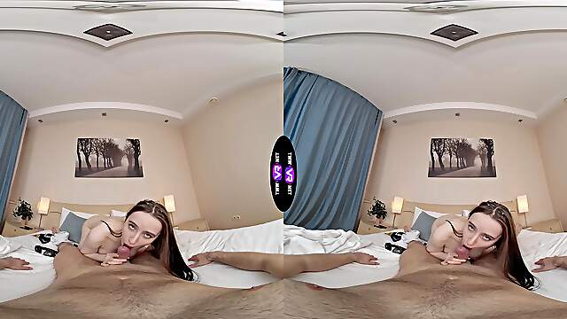 Teen Polly Yangs' juicy peach in VR, sucking and bouncing on that big dick, moans fill the room
