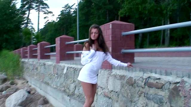 Public nudity of long legged brunette teen