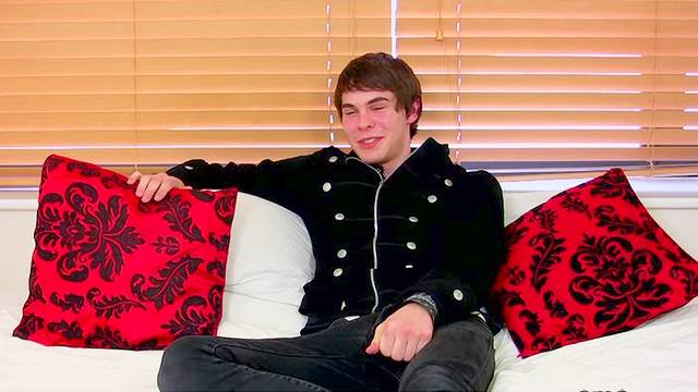 Shaved chest gay twink masturbates