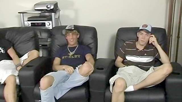 Three young guys jerk off to porn